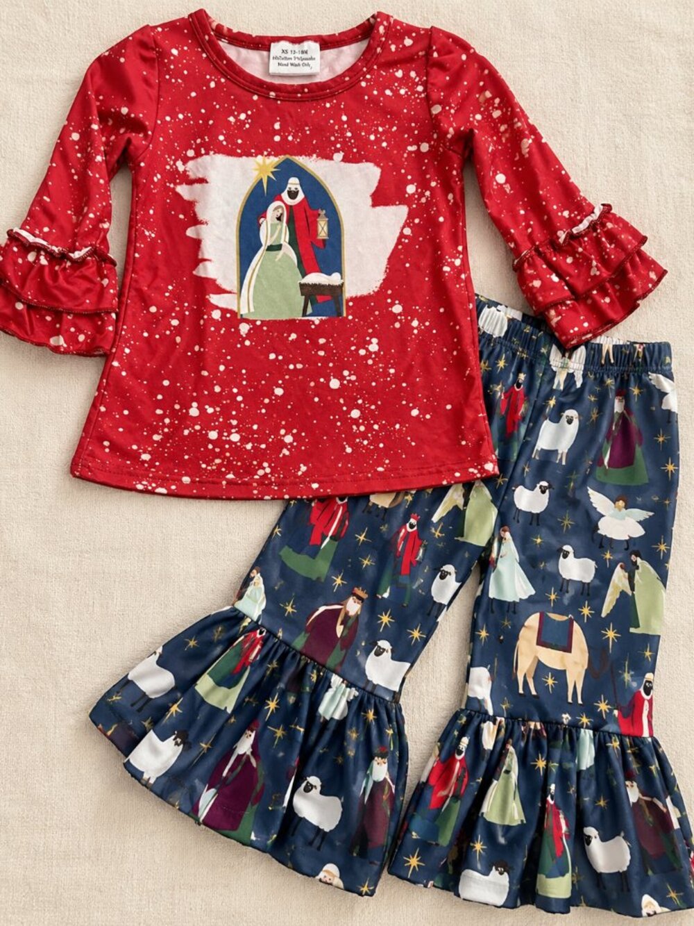 Girls 12-18M Holy Family Nativity Christmas Bell Bottom Outfit Set Ruffle